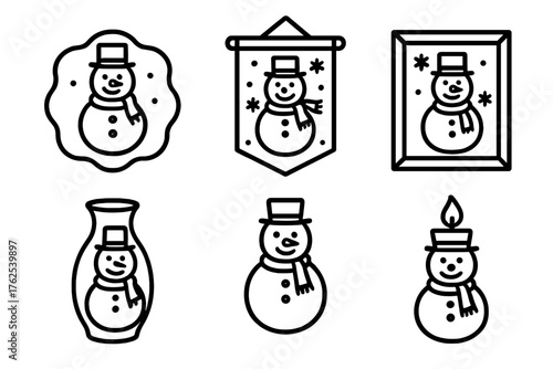 Snowman Home Accents outline icon set: snowman rug, snowman throw, snowman wall art, snowman vase, snowman figurine, snowman candle.