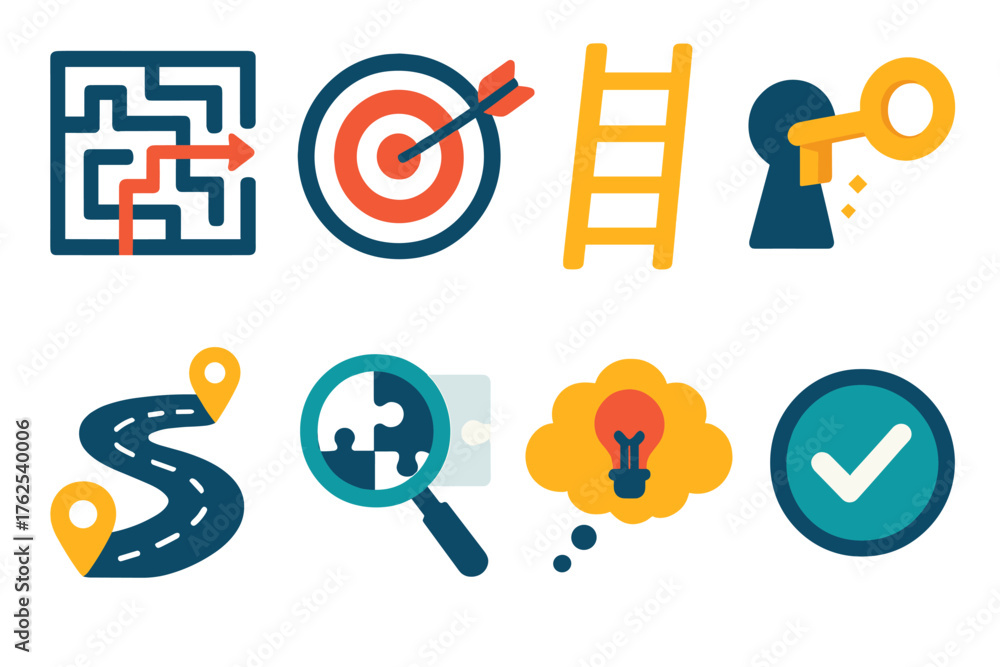 © Crank - Problem-solving thought process flat icons: maze, target with arrow, ladder, key unlocking, roadmap, magnifier on puzzle, brainstorming cloud, checkmark.