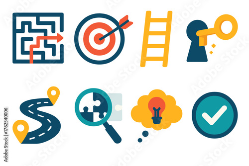 Problem-solving thought process flat icons: maze, target with arrow, ladder, key unlocking, roadmap, magnifier on puzzle, brainstorming cloud, checkmark.