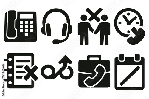 Business hang up silhouette set: office desk phone, headset removed, meeting end icon, clock with call off, contact list crossed, voicemail redirect, briefcase with phone, calendar