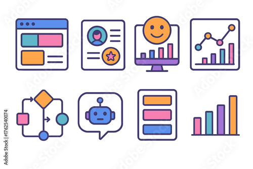 AI-Driven User Experience flat icons: adaptive interface icon, personalized recommendation card, sentiment analysis dashboard, behavioral analytics chart, predictive UI flow,