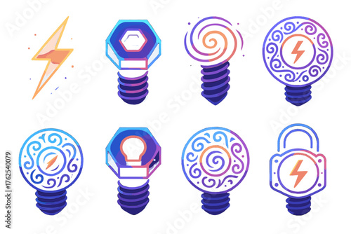Creative bolt flat icons: glowing bolt, neon screw, abstract spiral, fractal fastener, cosmic lightning bolt, ornate metalwork, swirling gear bolt, futuristic lock bolt.
