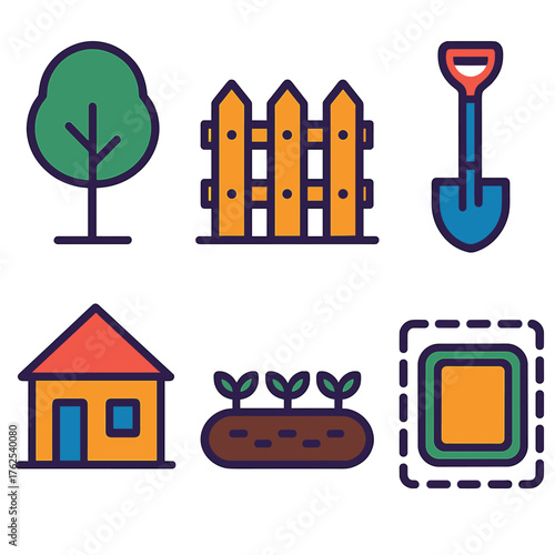 Land plot flat icons: tree, fence, shovel, house, garden bed, boundary line.