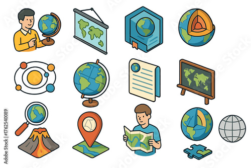 Educational Geography Icons set icons in modern isometric flat vector style: teacher with globe, classroom map, geography textbook, earth diagram, solar system orbit, planet with