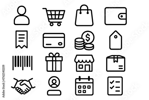 Customer outline icon set: person silhouette, shopping cart, shopping bag, wallet, receipt, credit card, coin stack, price tag, barcode, gift box, store building, package,
