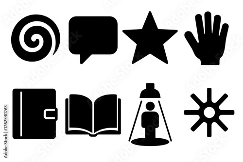 Creative Caller ID silhouette set: abstract swirl, speech bubble, star symbol, friendly wave, diary notebook, open book, spotlight figure, glowing core.
