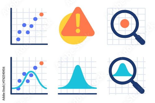 Data anomaly flat icons: scatter plot, outlier dot, bell curve, exclamation mark, magnifying glass, grid.