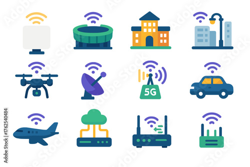Access Point Advanced flat icons: enterprise AP, stadium wifi, campus wifi, smart city hotspot, drone hotspot, satellite access point, 5G small cell, vehicle wifi, airplane wifi,