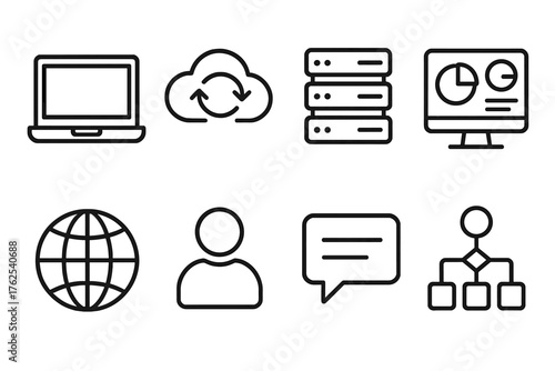 Digital Role Division outline icon set: laptop screen, cloud sync, server rack, dashboard screen, network globe, profile avatar, chat bubble, algorithm nodes.