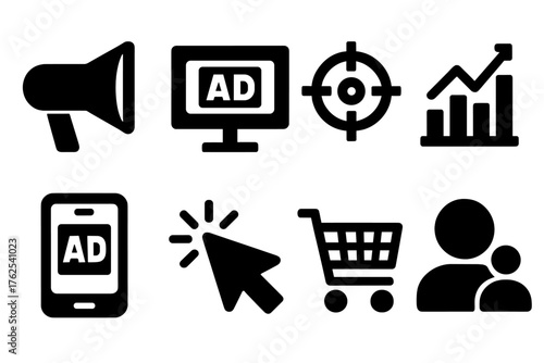 Digital Advertising silhouette set: megaphone, computer screen, target symbol, analytics chart, mobile ad, click cursor, shopping cart, social media icon. , , High resolution,