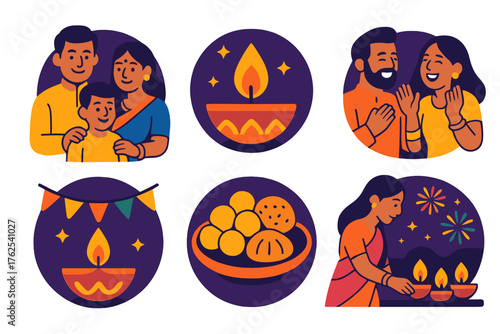 Diwali Joyful Gathering flat icons: family reunion, bright diyas, shared laughter, colorful decor, festive foods, night celebration. , , High resolution, sharp vector-like