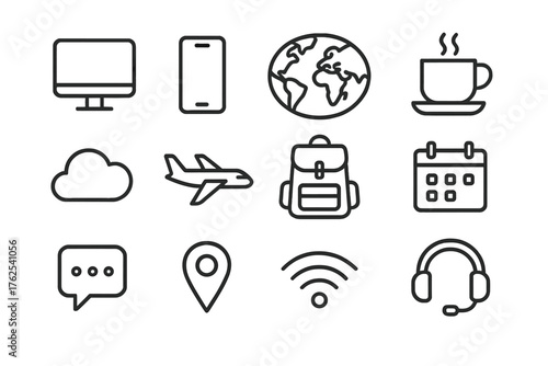 Work from Anywhere outline icon set: computer, smartphone, world map, coffee cup, cloud, airplane, backpack, calendar, chat icon, pin, wifi, headset. , , High resolution, sharp