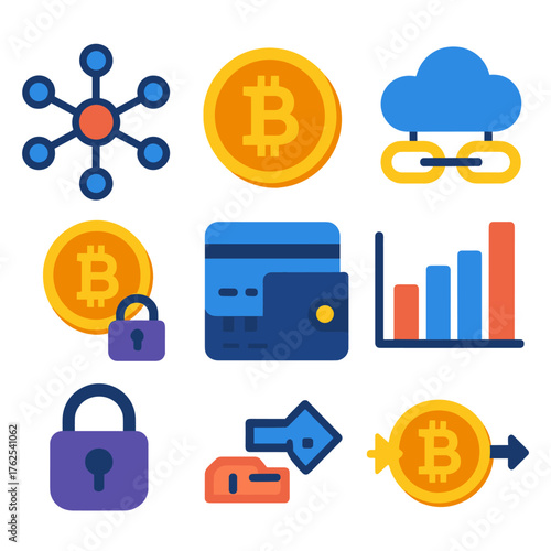 Blockchain Economy flat icons: distributed nodes, bitcoin symbol, wallet icon, encrypted ledger, financial chart, cloud chain, secure coin, transaction flow. , , High resolution,