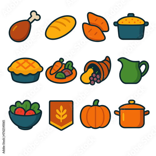 Thanksgiving Feast flat icons: turkey leg, baked bread, sweet potatoes, casserole dish, apple pie, roasted vegetables, cornucopia, gravy pitcher, salad bowl, festive napkin,