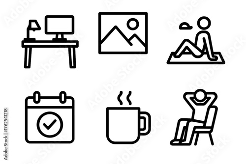 Work-Life Balance outline icon set: work desk, mountain view, exercise mat, calendar reminder, coffee mug, relaxed person. , , High resolution, sharp vector-like appearance, ideal