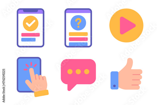 Interactive Content flat icons: app interface, quiz results, play icon, user interaction, feedback bubble, tap gesture. , , High resolution, sharp vector-like appearance, ideal for