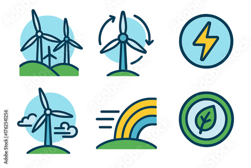 Wind Energy flat icons: wind farm, rotating turbine, voltage icon, clean air, energy flow, sustainability badge. , , High resolution, sharp vector-like appearance, ideal for UI and
