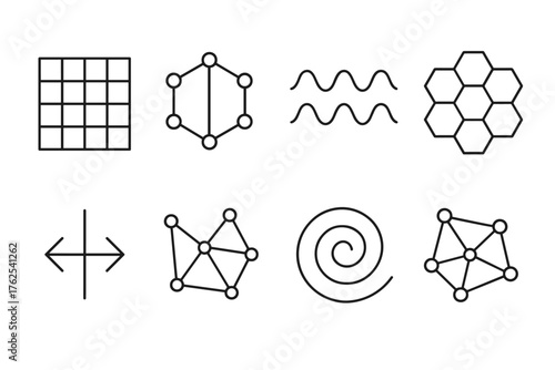 Pattern Recognition outline icon set: geometric shapes, connected dots, grid lines, wave pattern, hexagon cluster, symmetry icon, abstract nodes, spiral. , , High resolution, sharp