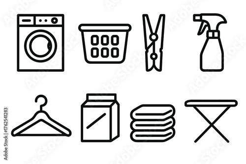 Laundry Room outline icon set: dryer, laundry hamper, clothespin, spray bottle, hanger, detergent box, folded clothes, ironing board.
