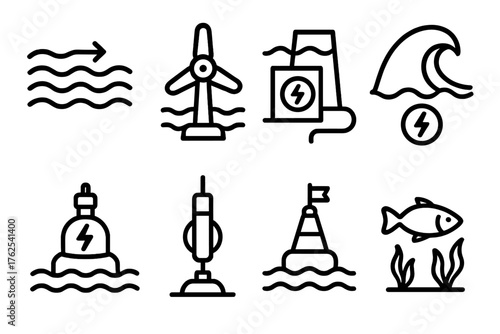 Tidal Power outline icon set: water current, turbine, power station, cable, wave crest, lightning symbol, buoy, marine life. , , High resolution, sharp vector-like appearance,