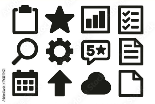 Performance Review silhouette set: clipboard, star, bar chart, checklist, magnifying glass, gear, score bubble, report page, calendar, arrow up, cloud, document. , , High
