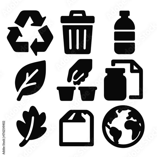 Recycling Practices silhouette set: recycling arrows, waste bin, plastic bottle, paper sheet, glass jar, compost leaf, sorting icons, eco globe. , , High resolution, sharp