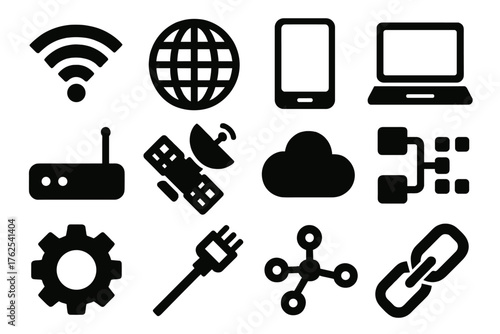 Seamless Connectivity silhouette set: wifi symbol, globe, smartphone, laptop, router, satellite, cloud, data flow, gear, cable, nodes, connection link. , , High resolution, sharp