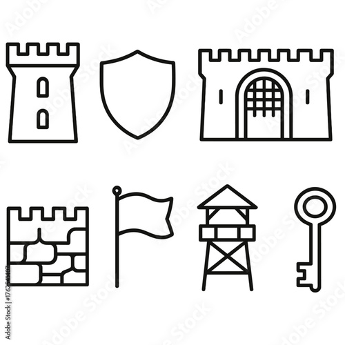 Fortress outline icon set: castle tower, shield, gate, drawbridge, stone wall, flag, watchtower, key.
