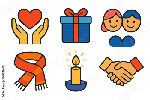 Winter Holidays Goodwill flat icons: hands holding heart, wrapped gift, smiling faces, warm scarf, glowing candle, handshake. , , High resolution, sharp vector-like appearance,
