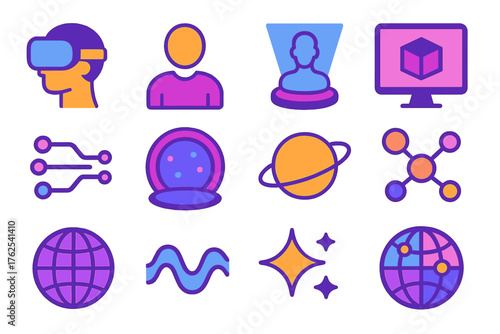 Digital Realities flat icons: VR headset, avatar, hologram, circuit lines, screen, 3D object, planet, data nodes, sparkle, portal, network globe, wave. , , High resolution, sharp