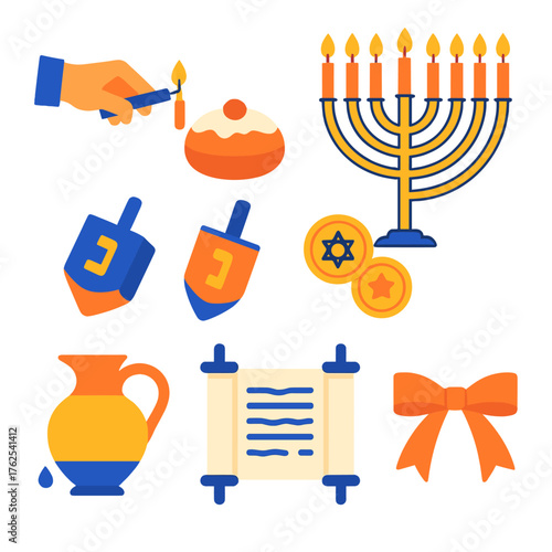Hanukkah Tradition flat icons: candle lighting, doughnut with jam, spinning top, menorah stand, coins with star, oil jug, scroll of blessings, festive ribbon. , , High resolution,
