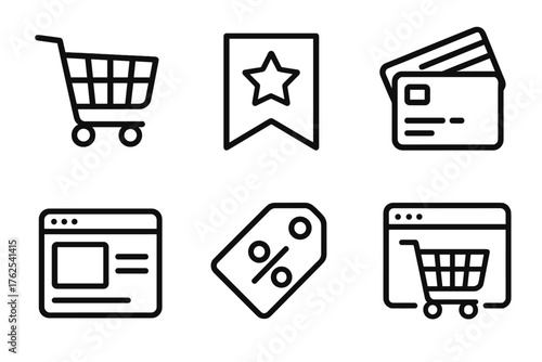 E-Commerce Platforms outline icon set: cart symbol, sale banner, credit card swipe, website window, discount label, checkout icon. , , High resolution, sharp vector-like appearance