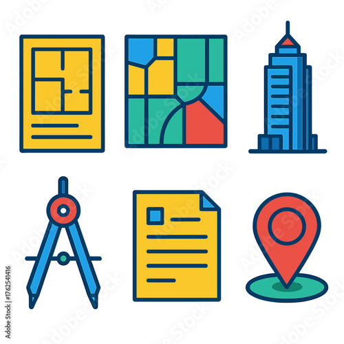 Urban Planning flat icons: layout blueprint, zoning map, skyscraper icon, planning compass, document sheet, GPS marker. , , High resolution, sharp vector-like appearance, ideal for
