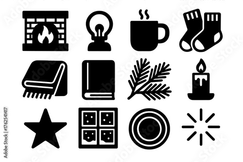 Winter Evenings silhouette set: fireplace, glowing lamp, cocoa mug, warm socks, blanket, book, pine branches, candle, star, snow outside, rug, light rays. , , High resolution,