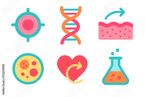 Regenerative Medicine flat icons: stem cell icon, DNA strand, healing tissue, petri dish, heart regeneration, lab flask. , , High resolution, sharp vector-like appearance, ideal