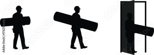 Cabinet assembly illustration, construction worker, power drill, screwdriver use, wall cabinet, safety helmet, carpentry process, furniture installation, repair work, training skills