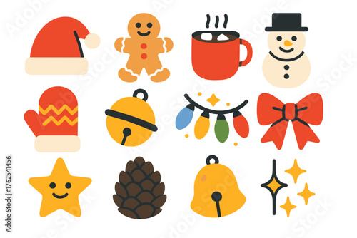 Christmas Cheer flat icons: santa hat, gingerbread cookie, hot cocoa, snowman, mitten, sleigh bell, lights string, bow, smiling star, pinecone, jingle bell, sparkle lines. , , High