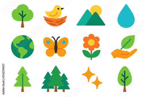 Habitat Preservation flat icons: tree, nest, bird, mountain, water droplet, sun, globe, butterfly, flower, hand holding leaf, forest, sparkle. , , High resolution, sharp