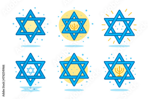 Hanukkah Star Symbolism flat icons: Star of David pattern, glowing aura, menorah reflection, sparkling dots, soft blue tones, geometric lines. , , High resolution, sharp