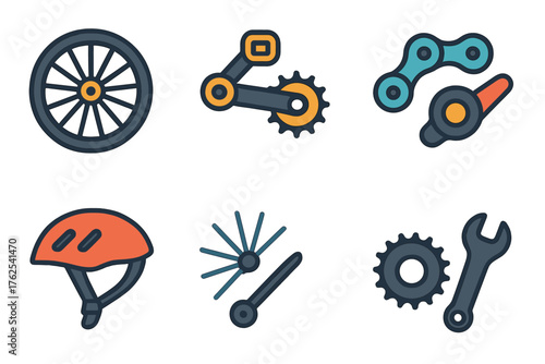 Bicycle Axle flat icons: bicycle wheel, pedal crank, chain, sprocket, gear shifter, helmet, spoke, wrench.
