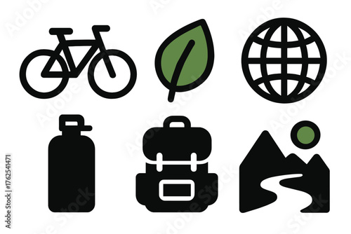 Eco Travel silhouette set: bicycle, green leaf, globe icon, reusable bottle, backpack, scenic path. , , High resolution, sharp vector-like appearance, ideal for UI and web design.
