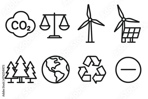 Net Zero Emissions outline icon set: CO2 cloud, balance symbol, wind turbine, solar panel, forest trees, eco globe, recycling loop, neutral mark. , , High resolution, sharp