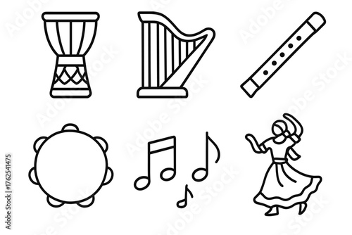 Traditional Music outline icon set: hand drum, harp, wooden flute, tambourine, music notes, folk dancer. , , High resolution, sharp vector-like appearance, ideal for UI and web