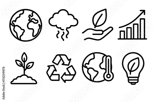 Planetary Impact outline icon set: world map, emissions cloud, leaf and hand, energy chart, tree growth, recycling icon, global temperature, eco power. , , High resolution, sharp