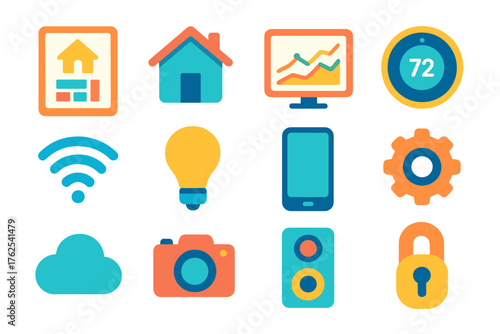 Home Dashboards flat icons: tablet, smart home, chart, thermostat, wifi, light bulb, smartphone, gear, cloud, camera, speaker, door lock. , , High resolution, sharp vector-like