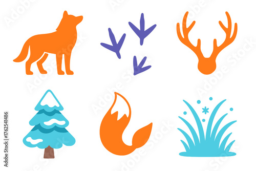Winter Wildlife flat icons: wolf silhouette, bird footprints, deer antlers, snow-covered pine, fox tail, frosty meadow. , , High resolution, sharp vector-like appearance, ideal for