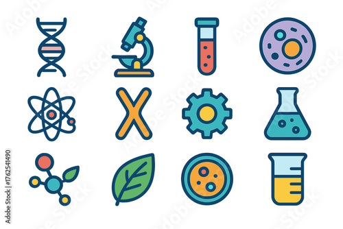 Genetic Engineering flat icons: gene strand, microscope, test tube, cell, atom, chromosome, gear, flask, molecule, leaf, petri dish, beaker. , , High resolution, sharp vector-like
