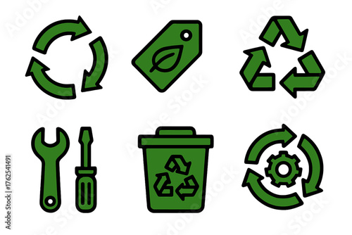 Circular Economy silhouette set: green arrows circle, eco product, resource regeneration, repair station, recycling center, sustainable process. , , High resolution, sharp