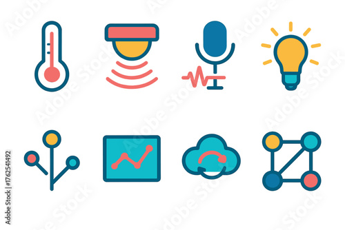 IoT Sensors flat icons: temperature icon, infrared beam, sound sensor, light detector, circuit node, data graph, cloud sync, connected grid. , , High resolution, sharp vector-like