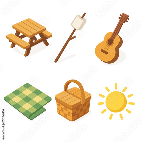 Family campsite set icons in modern isometric flat vector style: picnic table, marshmallow on stick, guitar, blanket, basket, sun.